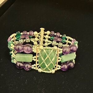 Elegant Beaded & crystal Bracelet with Green and Purple beaded  Accents.